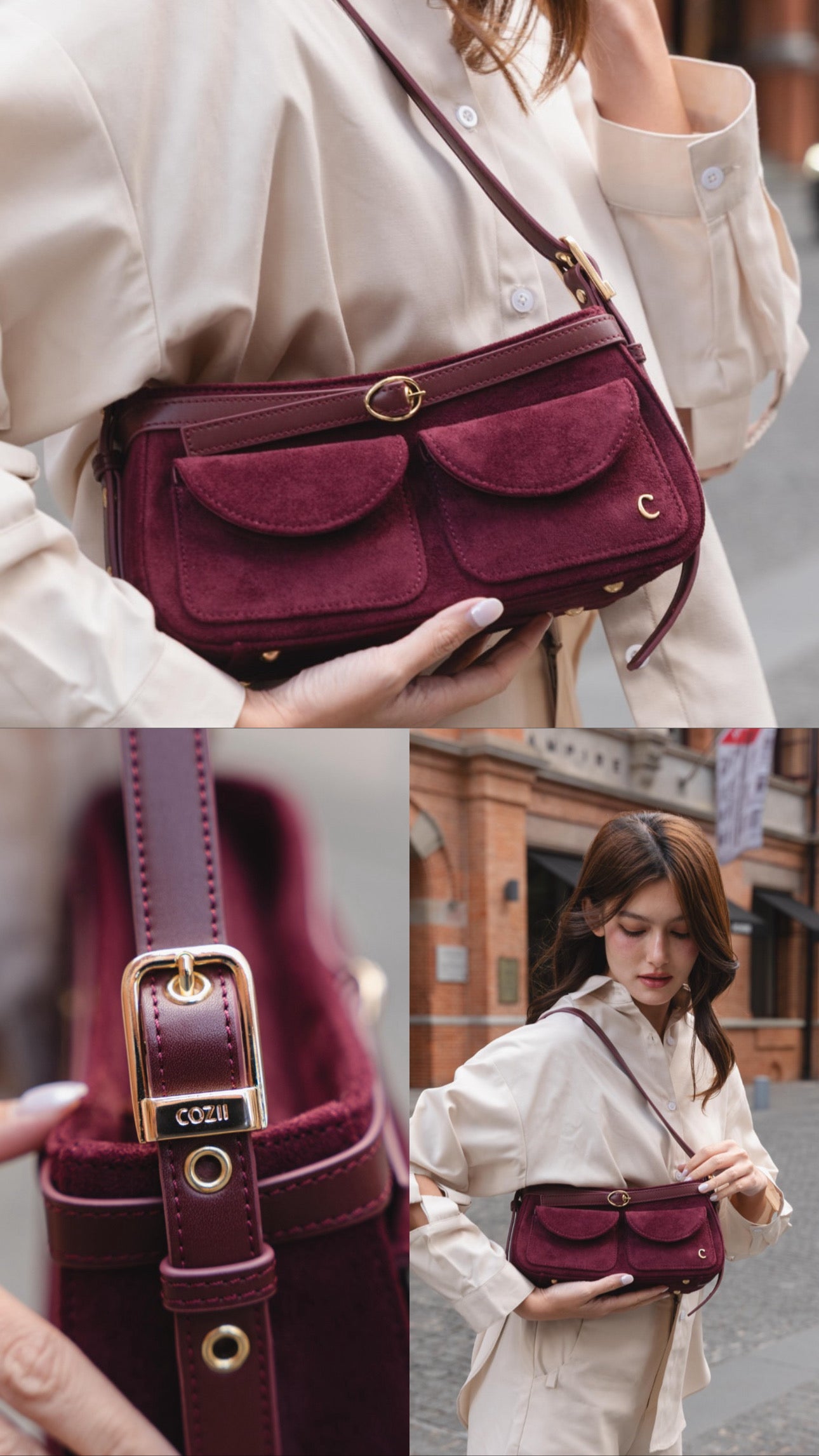 พร้อม ส่ง Cozii bag : Alice Suede (หนังกลับ) สีไวน์แดง